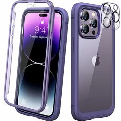 Wholesale ???? Designed For IPhone 14 Pro Case 6.1’’, Full Body 360 Rugged Protective Case+2 Pack Camera Lens Protector W/Built-in Touch Sensitive Anti-Scratch Screen Protector, Bumper Case (Royal Purple) ????