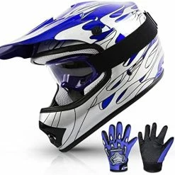Coupon ???? TCT-MT DOT Helmet Motocross+Goggles+Gloves Youth Kids Helmet Blue Flame Dirt Bike ATV Helmets Large ✨ -SYX MOTO store 51ANoMPDLhL. AC