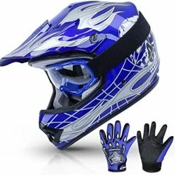 Coupon ???? TCT-MT DOT Helmet Motocross+Goggles+Gloves Youth Kids Helmet Blue Flame Dirt Bike ATV Helmets Large ✨ -SYX MOTO store 51COXwAT2hL. AC