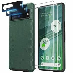 Best Sale ???? 5 In 1 For Google Pixel 7 Case, With 2 Pack Screen Protector + 2 Pack Camera Lens Protector, Protective Phone Case, [Military Grade Drop Protection] [Dual Guard],Alpine Green ????